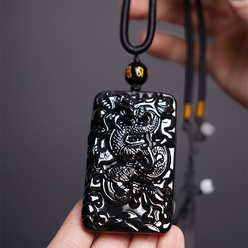 KarmaRipple's Authentic Black Obsidian Rectangular Dragon Engraved Success Pendant Necklace p1