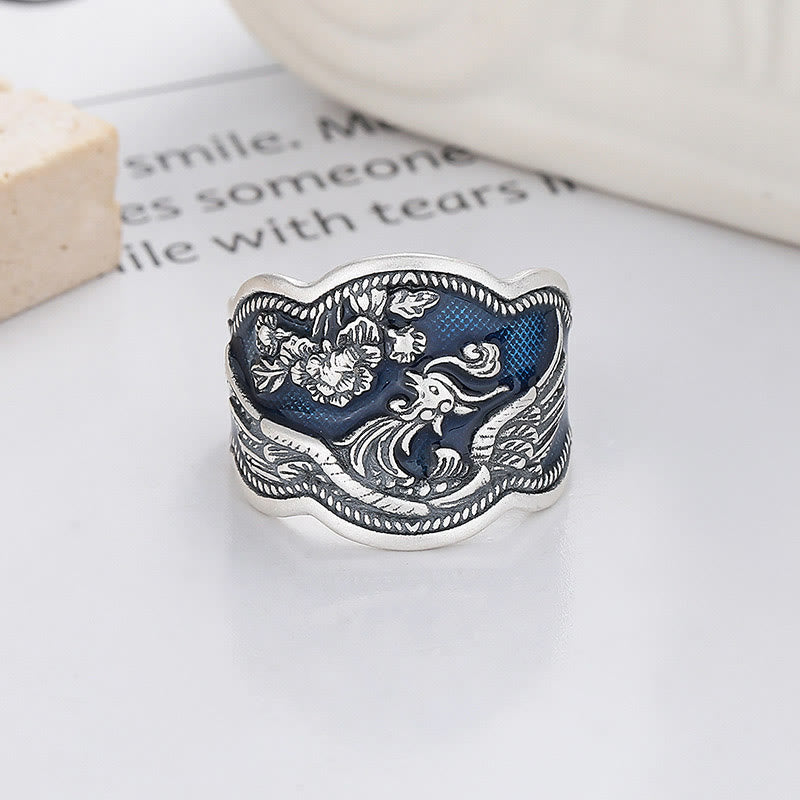 KarmaRipple's 925 Sterling Silver Phoenix Peony Flowers Carved Fortune Adjustable Ring p1