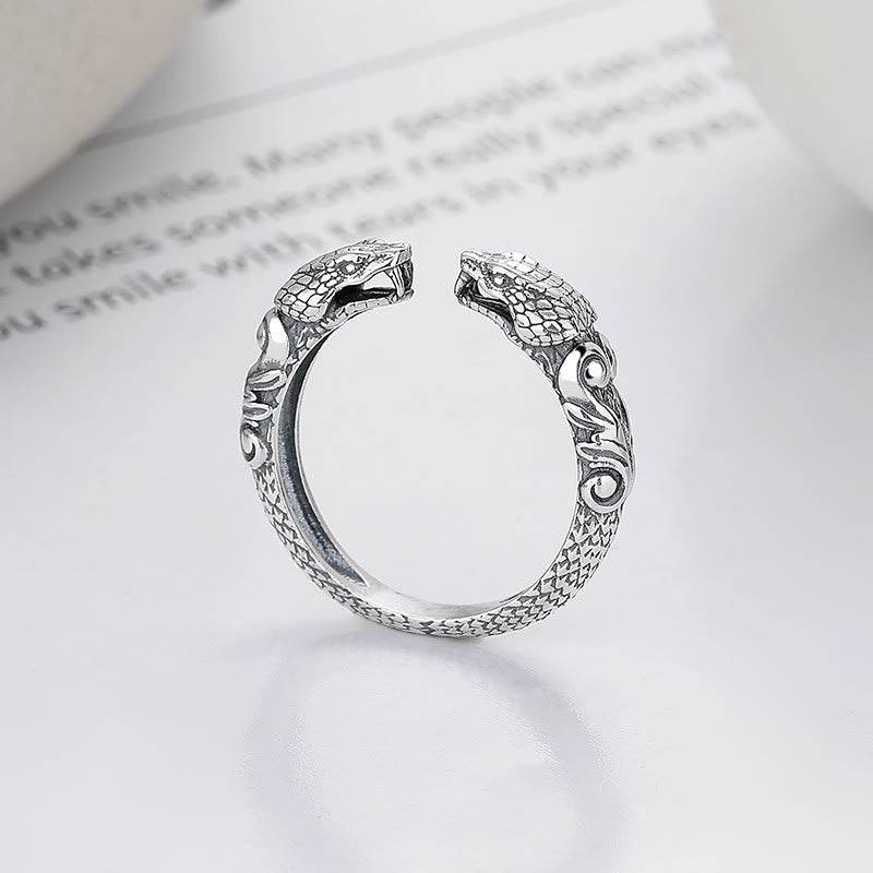 KarmaRipple's 925 Sterling Silver Year Of The Snake Calm Adjustable Two-headed Snake Open Ring p1
