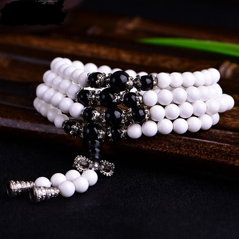 KarmaRipple's 108 Mala Beadwork Ivory Porcelain Six True Words 'Om Mani Padme Hum' Patience Bracelet p1