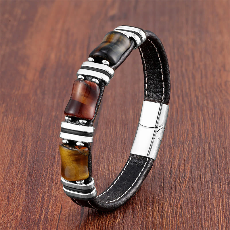 KarmaRipple's Tiger Eye Three Bamboo Stone Protection Power Leather Bracelet p1