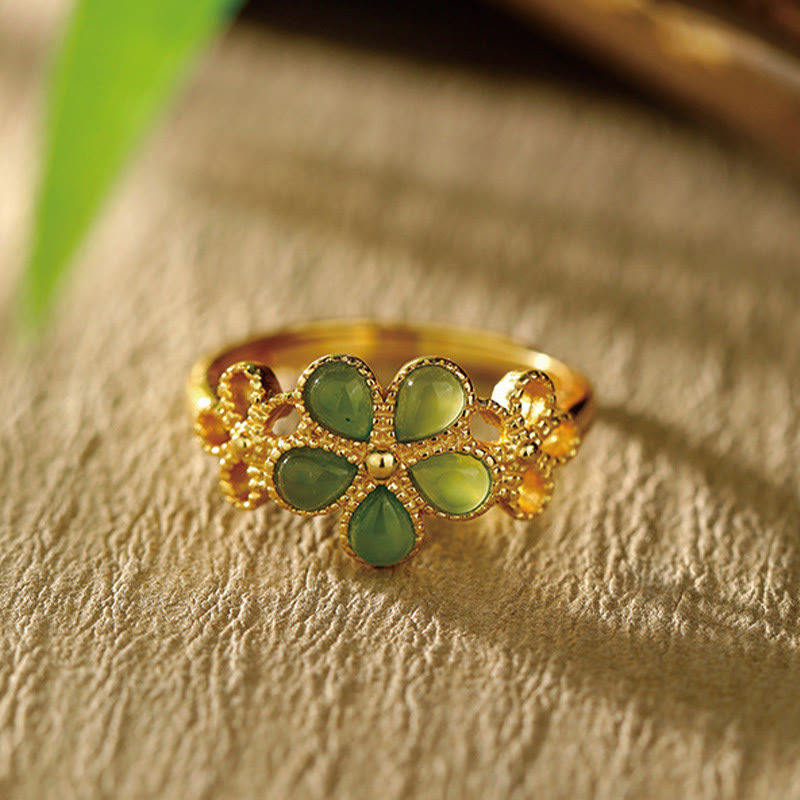 KarmaRipple's Authentic Hetian Jade 925 Sterling Silver Plated Gold Flower Adjustable Prosperity Ring p1