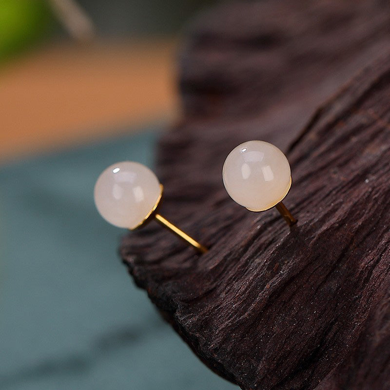 KarmaRipple's 925 Sterling Silver Round Ivory Jade Blessing Stud Earrings p1