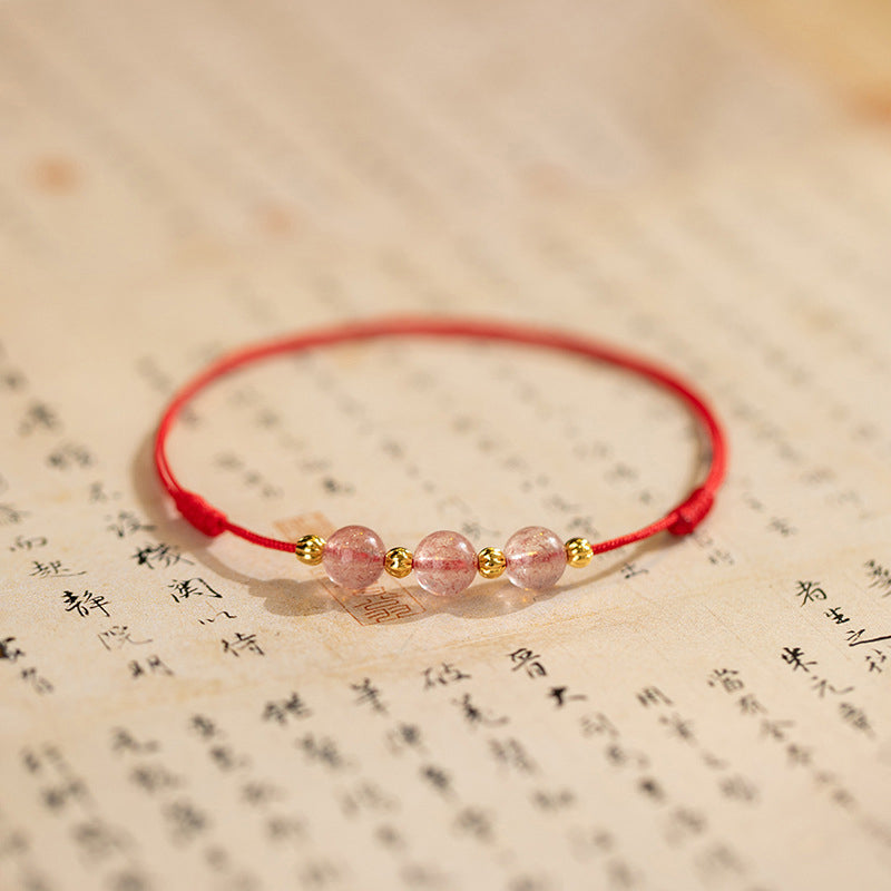 KarmaRipple's Strawberry Gemstone Beadwork Fortune Red String Anklet p1