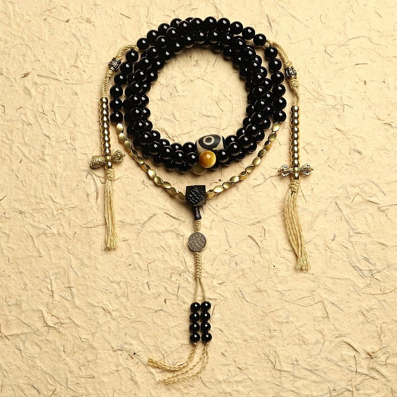 KarmaRipple's Tibetan 108 Mala Beadwork Black Onyx Three-eyed Dzi Beadwork Protection Bracelet p1