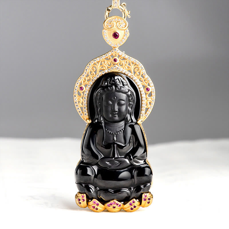 KarmaRipple's 925 Sterling Silver Authentic Black Jade Kwan Yin Avalokitesvara Wealth Pendant Necklace p1