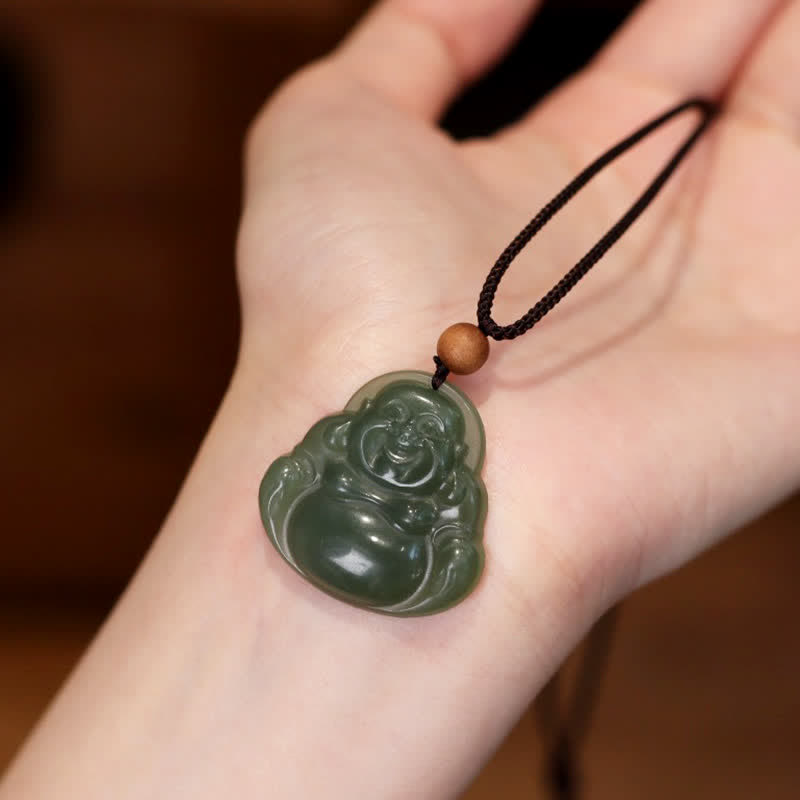 KarmaRipple's Laughing Buddha Hetian Jade Balancing Calm Pendant String Necklace p1