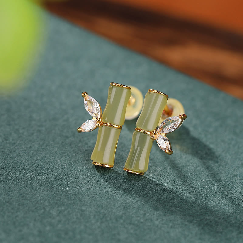 KarmaRipple's 925 Sterling Silver Hetian Cyan Jade Ivory Jade Red Agate Bamboo Pattern Fortune Stud Earrings p1