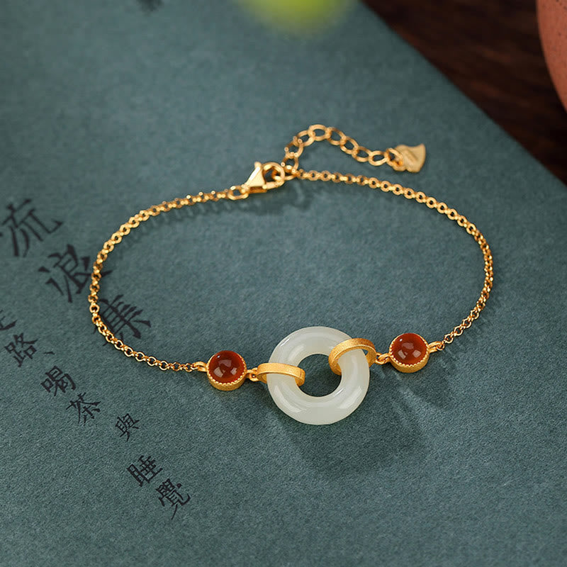 KarmaRipple's 925 Sterling Silver Plated Gold Authentic Hetian Jade Peace Buckle Red Agate Fortune Bracelet p1