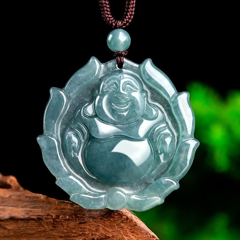 KarmaRipple's Authentic Jade Laughing Buddha Lotus Pattern Fortune Pendant Necklace p1