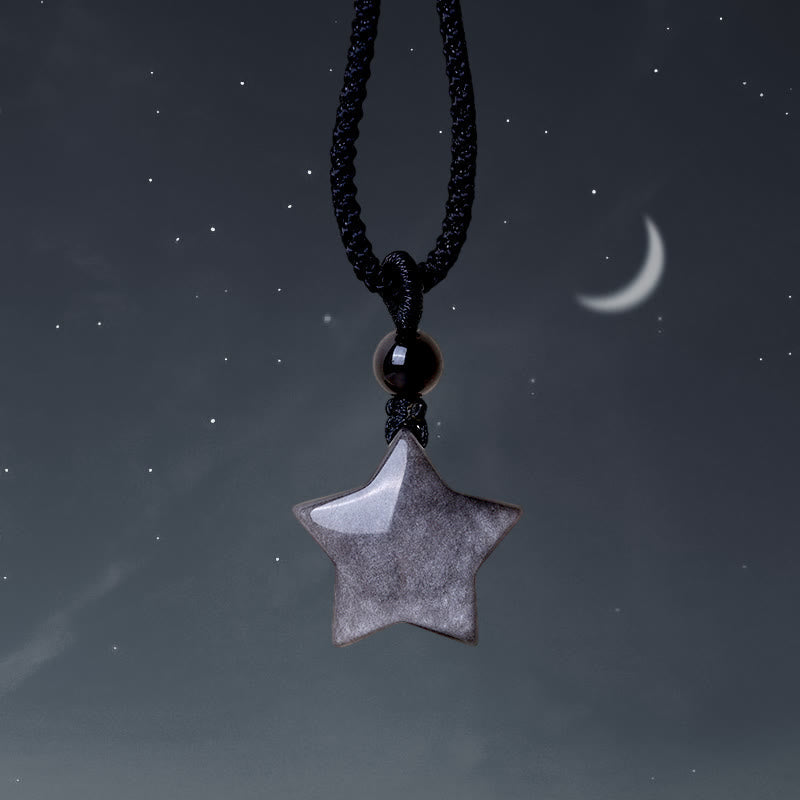 KarmaRipple's Authentic Silver Sheen Obsidian Star Crescent Moon Protection Pendant Necklace p1