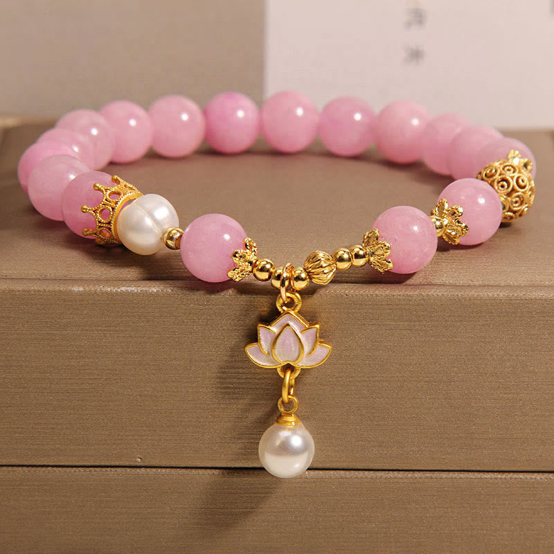 KarmaRipple's Pink Jade Pearl Lotus Talisman Balance Bracelet p1