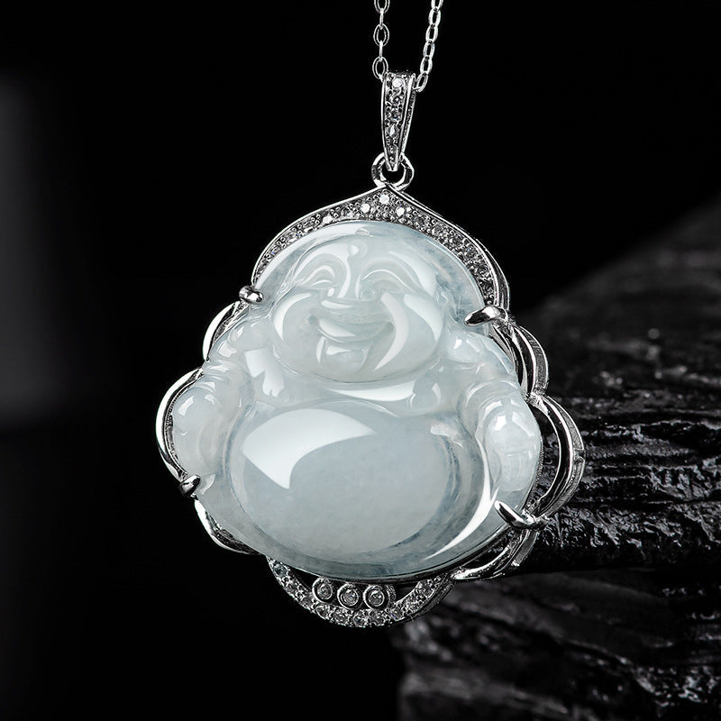 KarmaRipple's 925 Sterling Silver Laughing Buddha Authentic Jade Abundance Pendant Necklace p1