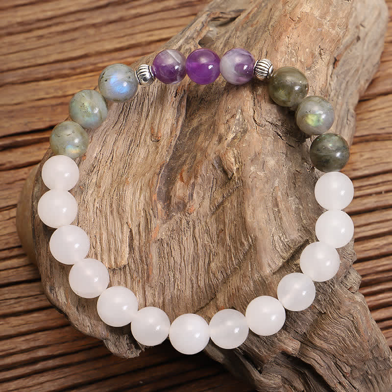 KarmaRipple's 108 Mala Beadwork Ivory Agate Amethyst Black Glitter Stone Protection Bracelet p1