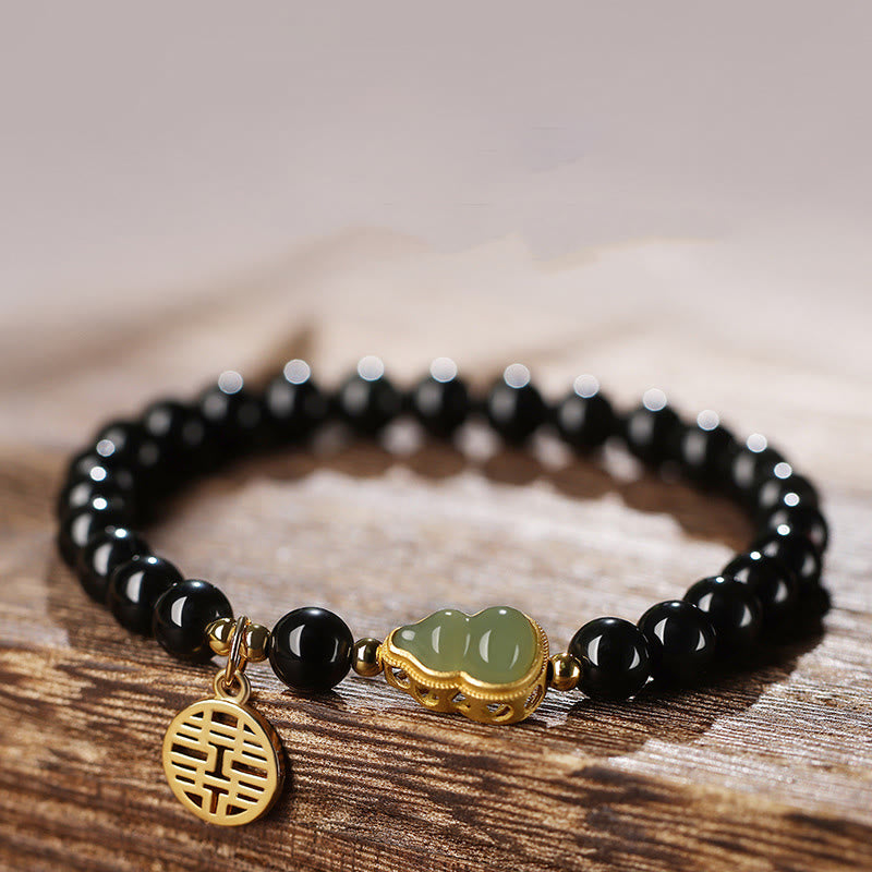 KarmaRipple's Authentic Black Obsidian Hetian Jade Gourd Double Happiness Strength Bracelet p1