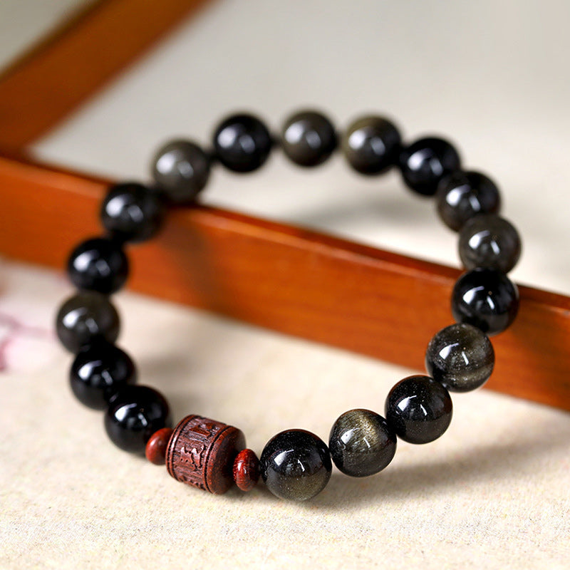 KarmaRipple's Authentic Gold Sheen Obsidian Rainbow Obsidian Om Mani Padme Hum Fu Character Balancing Bracelet p1