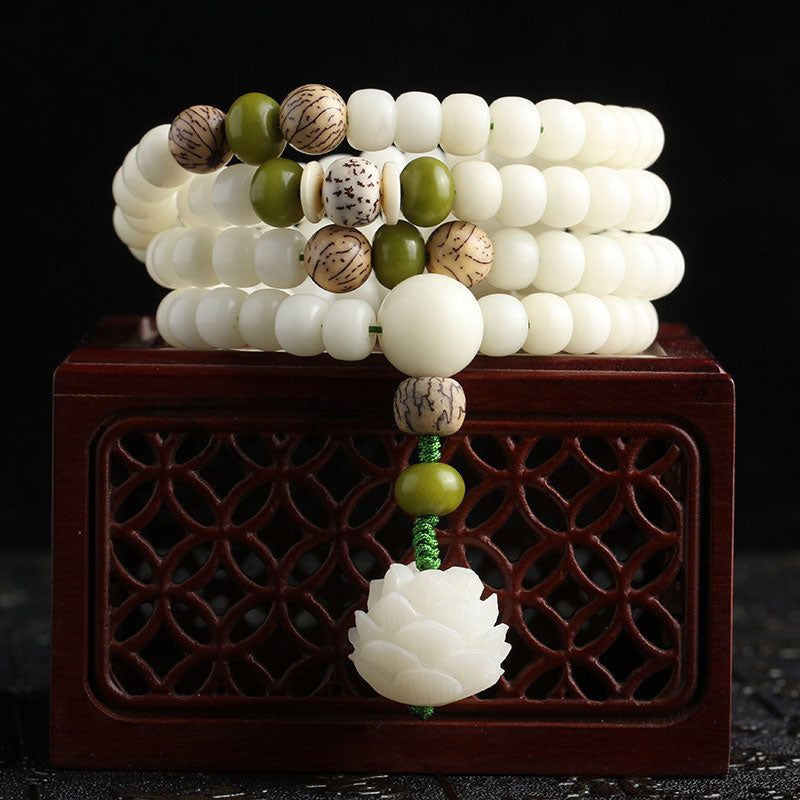 KarmaRipple's Ivory Jade Bodhi Lotus Mala Balance Pendant Bracelet p1