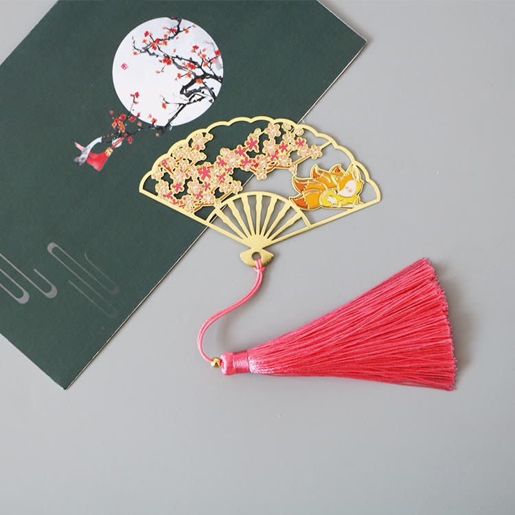 KarmaRipple's Traditional Butterfly Lotus Flower Crane Dragon Phoenix Fox Koi Fish New Beginning Metal Brass Hollow Fan Bookmarks p36