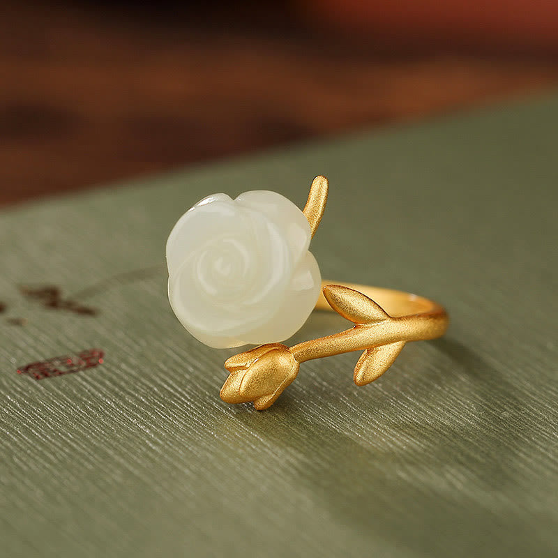KarmaRipple's 925 Sterling Silver Plated Gold Rose Flower Hetian Ivory Jade Happiness Ring p14