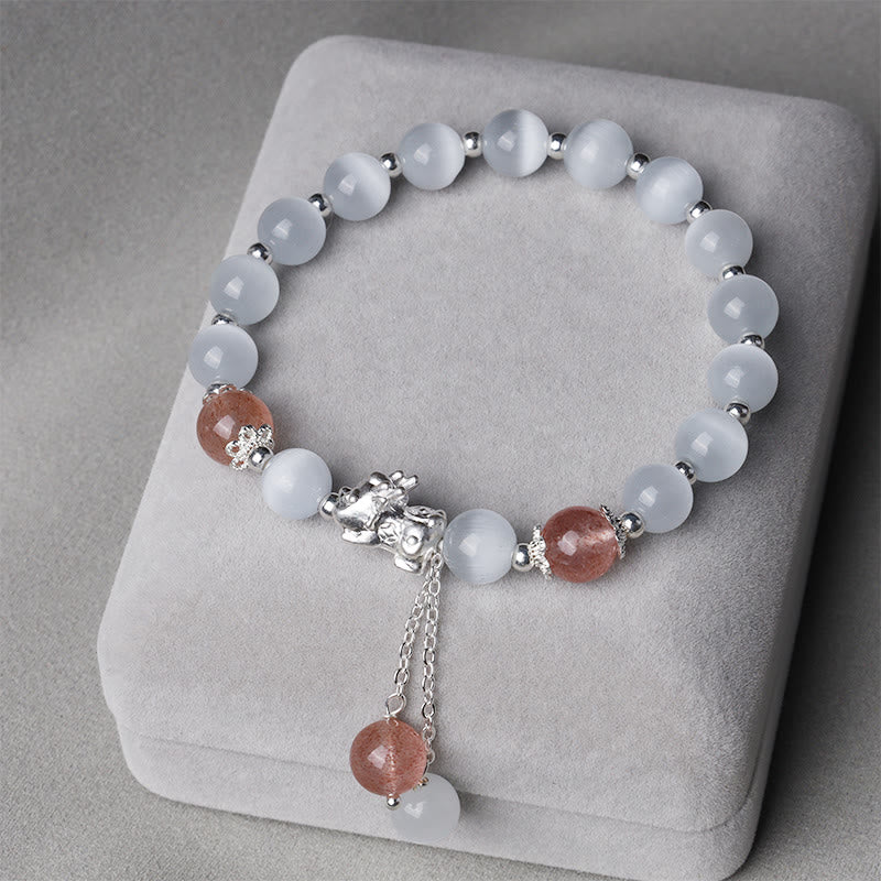 KarmaRipple's Authentic Cat's Eye Moonstone Strawberry Quartz PiXiu Support Bracelet p8