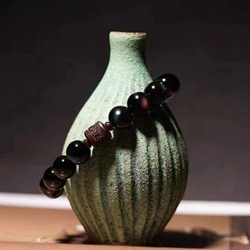 KarmaRipple's Authentic Gold Sheen Obsidian Rainbow Obsidian Om Mani Padme Hum Fu Character Balancing Bracelet p39