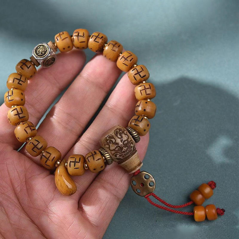 KarmaRipple's Authentic Tibetan Camel Bone Swastika Dzi Bead Shankha Buddha Talisman Kirtimukha Fortune Protection Tassel Bracelet p15