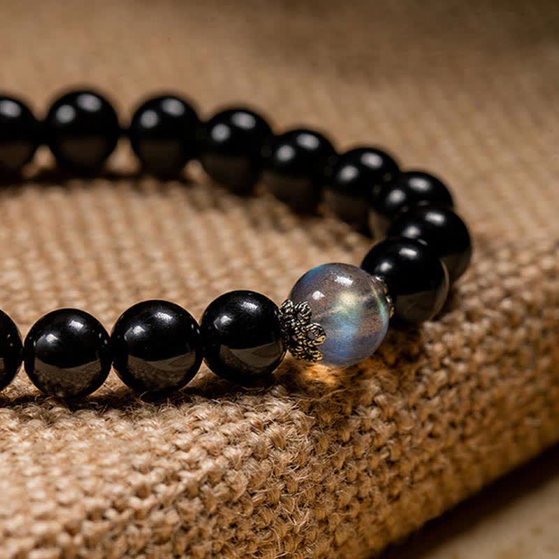 KarmaRipple's Chinese Zodiac Natal Buddha 925 Sterling Silver Black Obsidian Moonstone Strength Bracelet p16