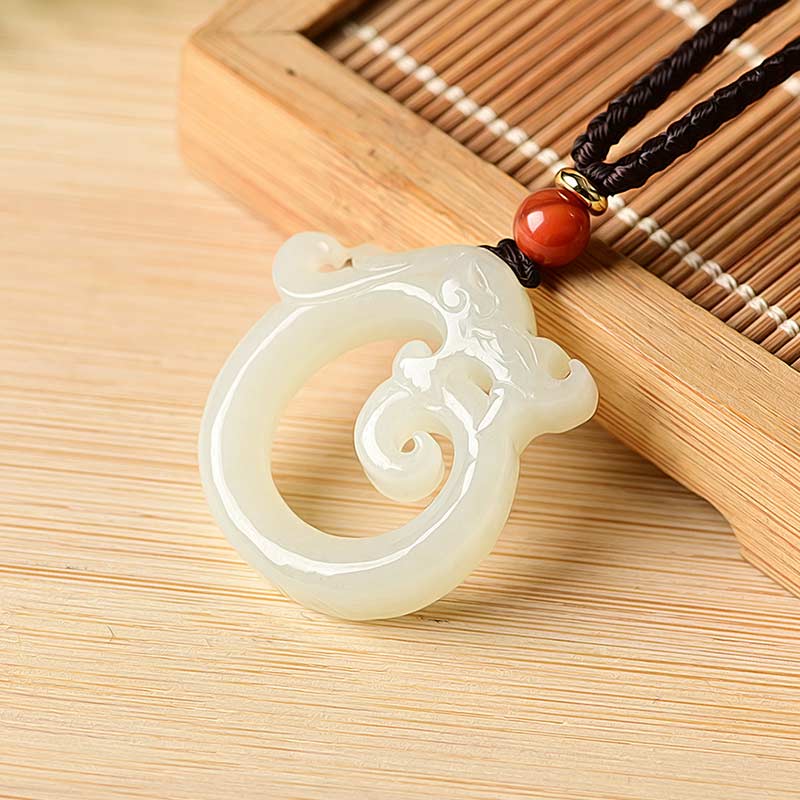 KarmaRipple's Ivory Jade Cyan Jade Dragon Protection Pendant String Necklace p2