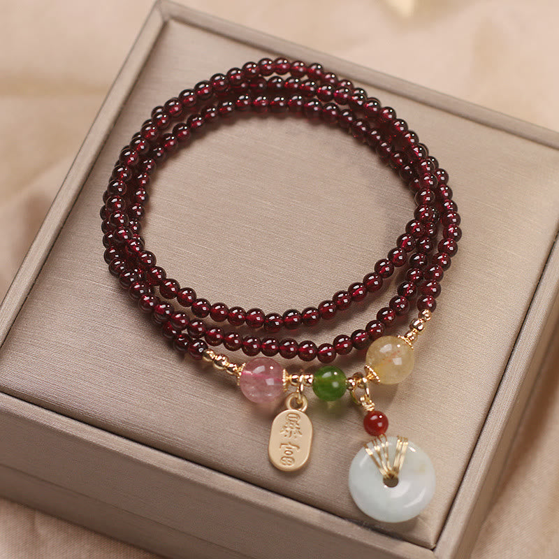 KarmaRipple's Authentic Garnet Strawberry Quartz Gemstone Fox Koi Fish Peace Buckle Fortune Protection Triple Wrap Bracelet p10