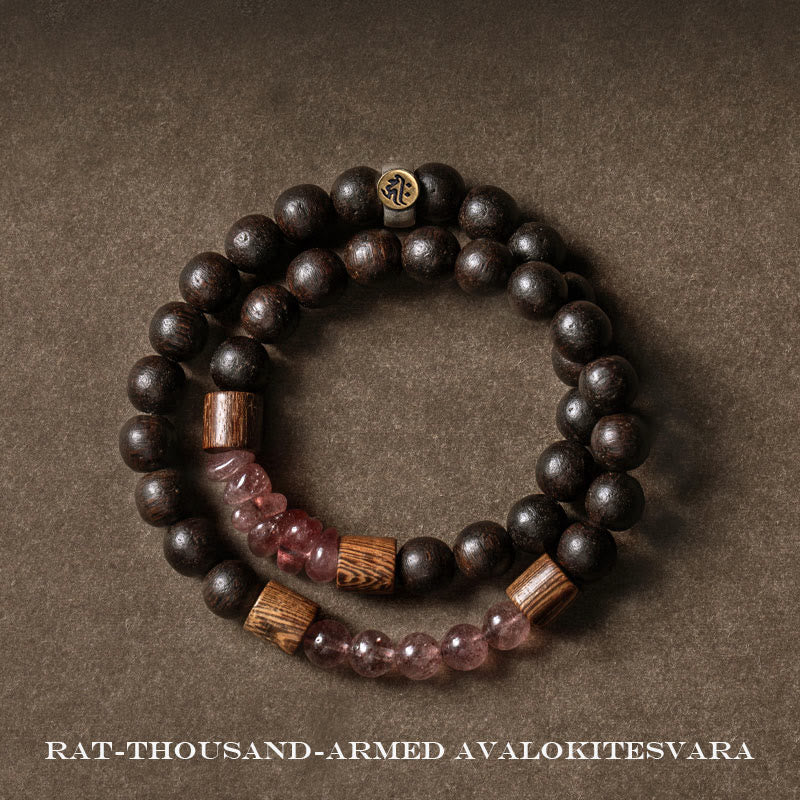 KarmaRipple's 925 Sterling Silver Chinese Zodiac Natal Buddha Agarwood Strawberry Quartz Peace Double Wrap Bracelet p27