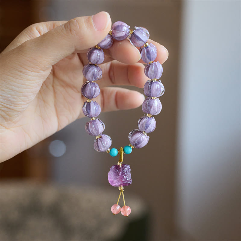 KarmaRipple's Liuli Glass Bead Lotus Design Fluorite Ivory Fruit Dancing Lion Talisman Enlightenment Bracelet p1
