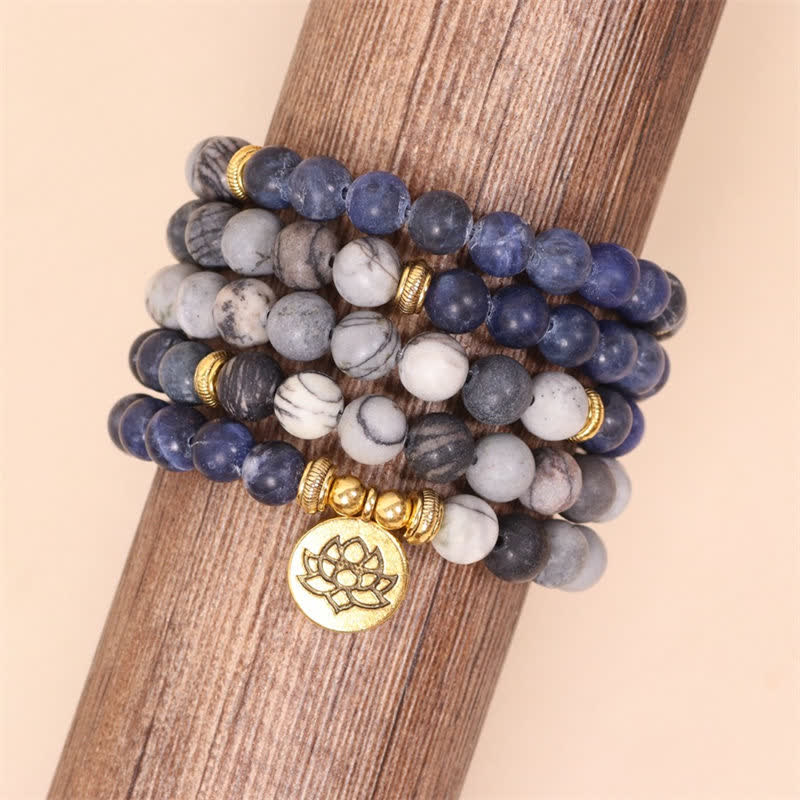 KarmaRipple's 108 Mala Beadwork Sodalite Zebra Jasper Gemstone Lotus Strength Bracelet p5