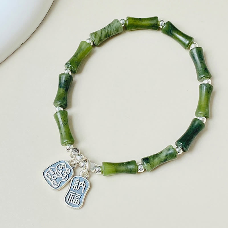 KarmaRipple's 925 Sterling Silver Bamboo Jade Fortunate Cat Fu Character Fortune Abundance Bracelet p2