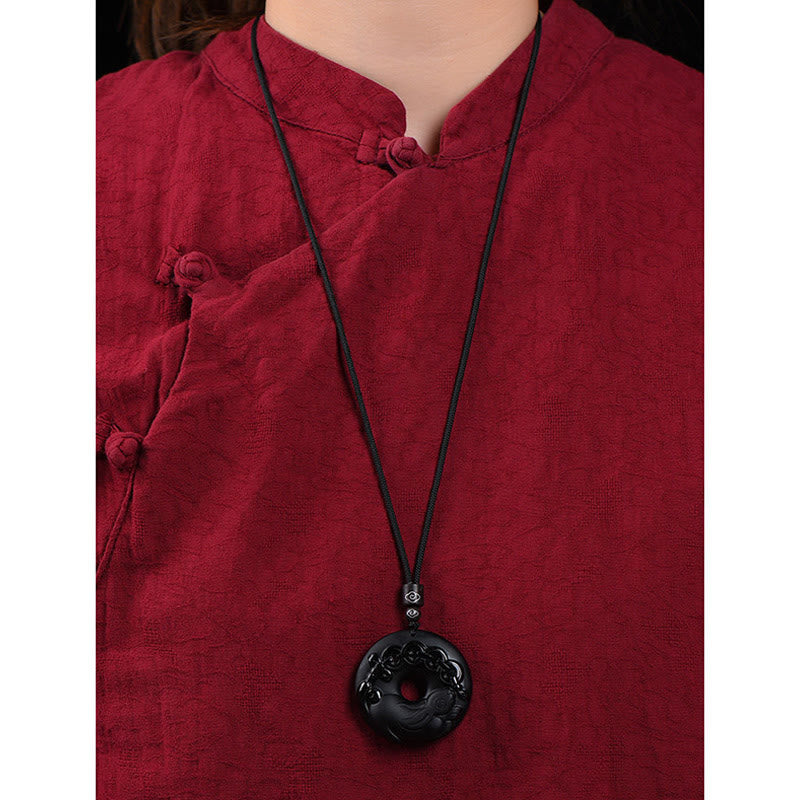 KarmaRipple's Chinese Zodiac Authentic Black Obsidian Peace Buckle Strength Pendant Necklace p23