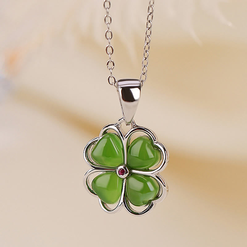 KarmaRipple's 925 Sterling Silver Hetian Cyan Jade Fortunate Four Leaf Clover Balancing Pendant Necklace p9