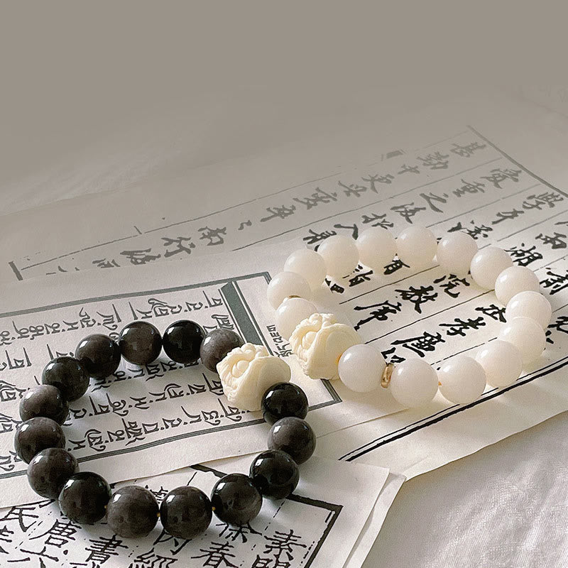 KarmaRipple's Silver Sheen Obsidian Bodhi Seed Ivory Fruit Dancing Lion Protection Bracelet p3