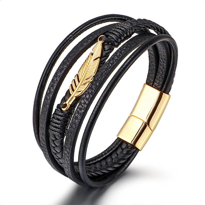 KarmaRipple's Feather Pattern Multilayer Leather Titanium Steel Calm Woven Magnetic Buckle Bracelet p14