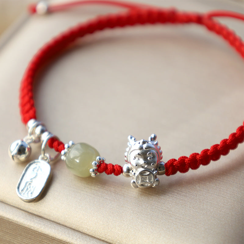 KarmaRipple's Handmade Year Of The Dragon 999 Sterling Silver Hetian Jade Bronze Coin Peace And Joy Protection Bracelet p4