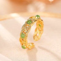 KarmaRipple's 925 Sterling Silver Plated Gold Cyan Jade Woven Design Success Fortune Adjustable Ring