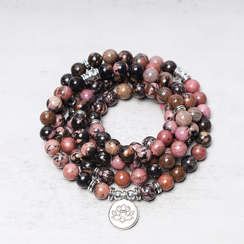 KarmaRipple's 108 Mala Beadwork Rhodonite Lotus Compassion Energy Bracelet p1