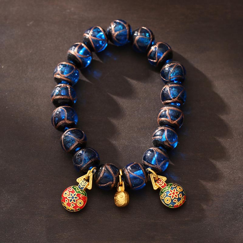 KarmaRipple's Gold Swallowing Beast Fortune Talisman Blue Liuli Glass Bead Fortune Bracelet p7