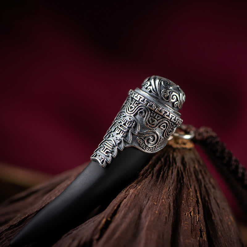 KarmaRipple's 925 Sterling Silver Black Obsidian Wolf Tooth Pattern Strength Pendant Necklace p7