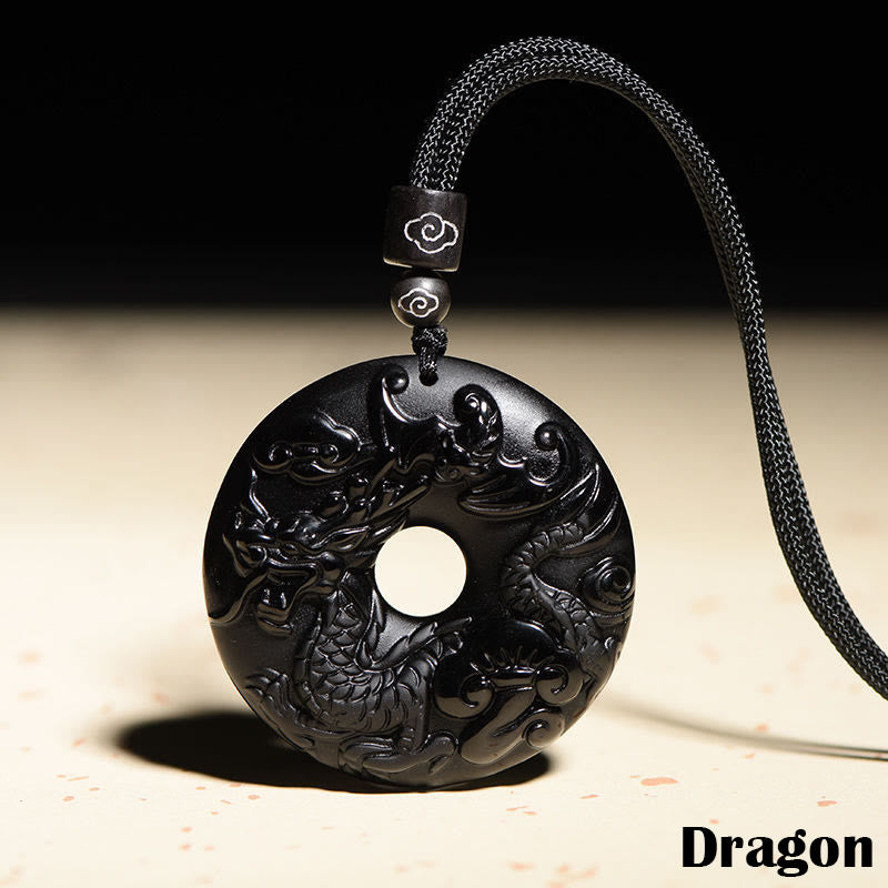 KarmaRipple's Chinese Zodiac Authentic Black Obsidian Peace Buckle Strength Pendant Necklace p33