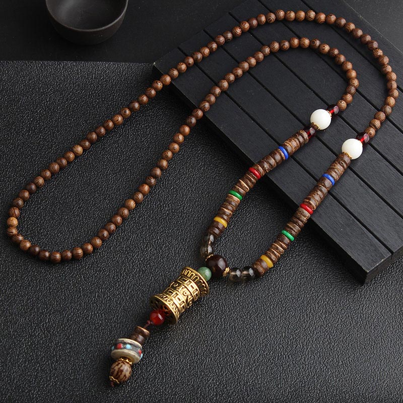 KarmaRipple's Turquoise Dzi Bead Prayer Wheel Wenge Wood Meditation Pendant p14