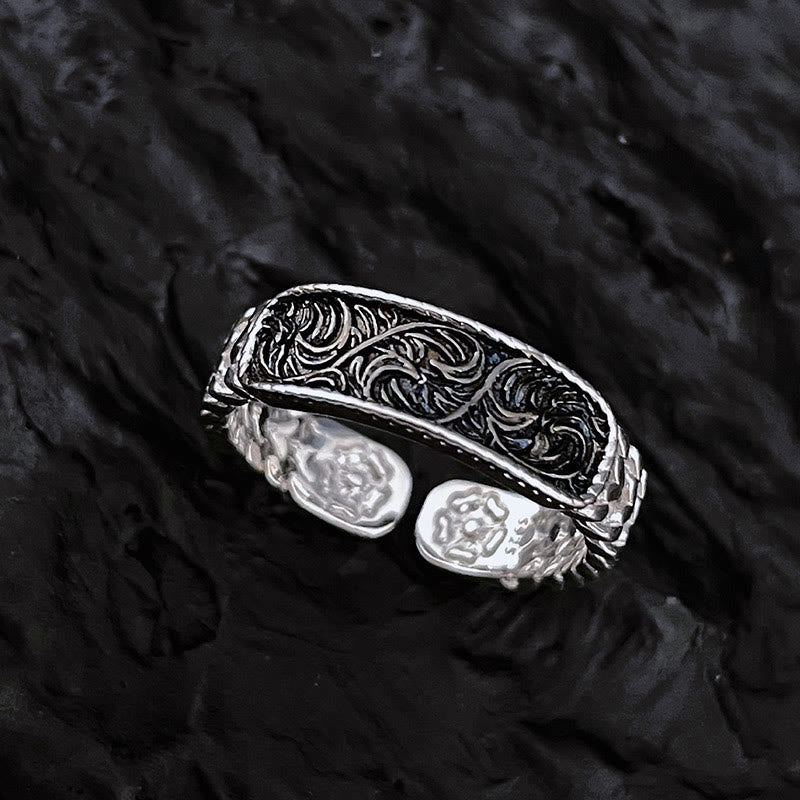KarmaRipple's Tang Dynasty Flower Design Engraved Bronze Fortune Cuff Bracelet Bangle Adjustable Ring p13