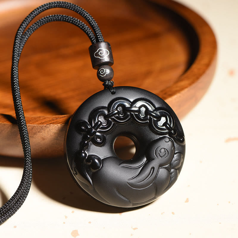 KarmaRipple's Chinese Zodiac Authentic Black Obsidian Peace Buckle Strength Pendant Necklace p18