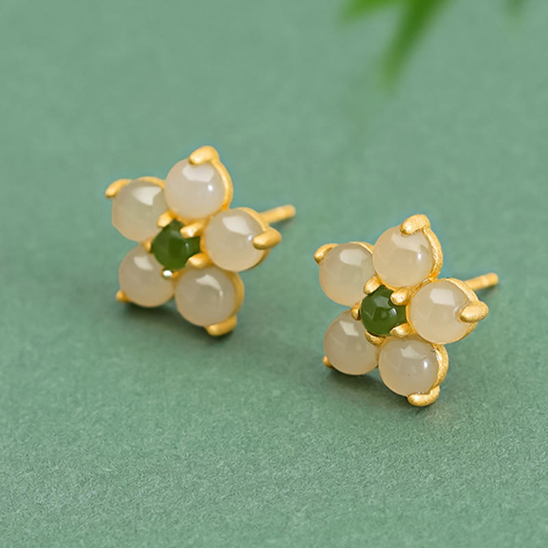 KarmaRipple's 925 Sterling Silver Hetian Jade Fortune Flower Stud Earrings p3