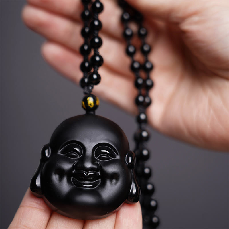 KarmaRipple's Authentic Black Obsidian Laughing Buddha Purification Pendant Necklace p3