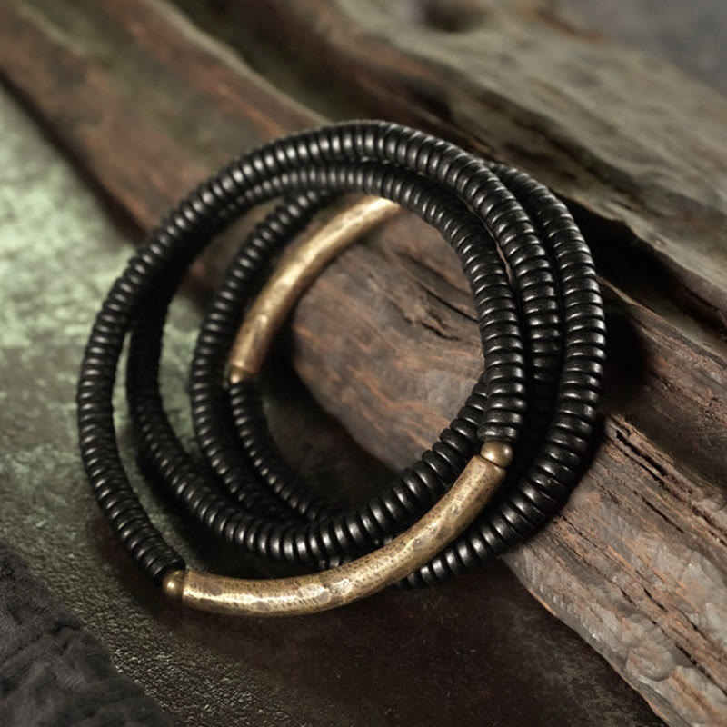 KarmaRipple's Tibetan Ebony Wood Beadwork Bronze Peace Multilayered Bracelet p2
