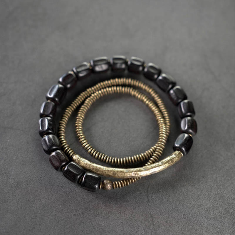 KarmaRipple's Vintage Peace Tibetan Ebony Wood Beadwork Bronze Multilayered Balancing Bracelet p22